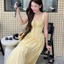 : Váy Maxi 2 Dây Form Xòe Hàng 2 Lớp Chun Nhúm Ngực, Chất Xốp Kẻ Mềm Nhẹ Viền Bèo Váy Đi Biển, Du Lịch Các Nàng Ơi