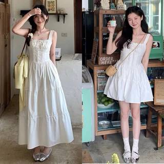 Váy Kaki Trắng 2 Dây Nhúm Ngực Ly Eo Chun Lưng Dễ Mặc 2 Form Ngắn Dài Cá Tính (Ảnh Thật Trải Sàn) Lollaye V.4