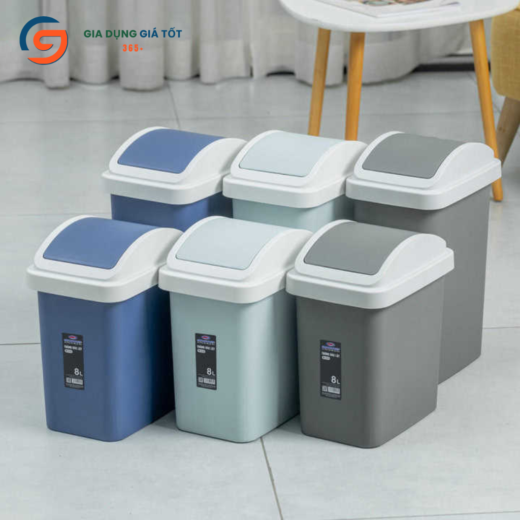 Thùng rác nhựa nắp lật bập bênh 8L/12L mini cao cấp, thùng đựng rác nhà bếp, phòng khách, văn phòng