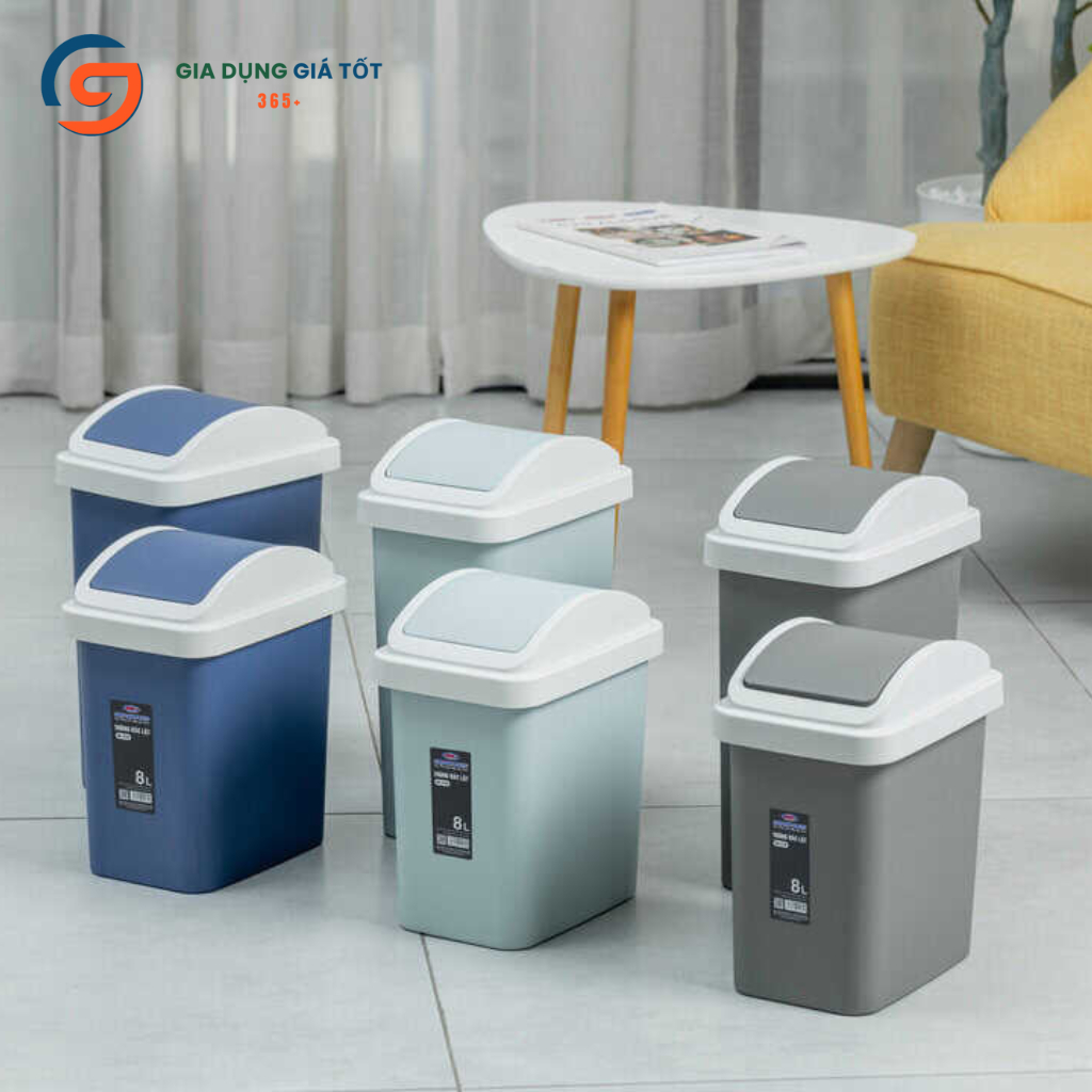 Thùng rác nhựa nắp lật bập bênh 8L/12L mini cao cấp, thùng đựng rác nhà bếp, phòng khách, văn phòng
