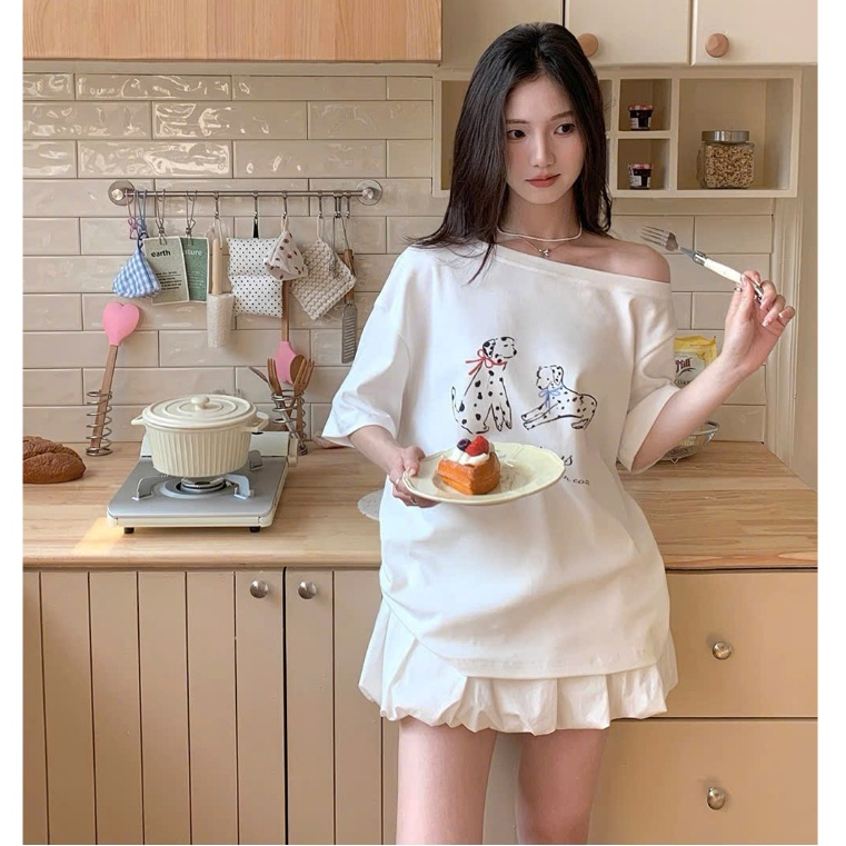 Áo thun nữ Lệch vai JULY FASHION, Áo thun nữ sệ vai Ngắn tay in hình Chất Cotton mềm mát, form rộng ,trẻ trung 2025
