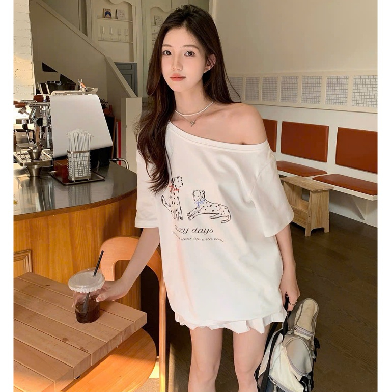 Áo thun nữ Lệch vai JULY FASHION, Áo thun nữ sệ vai Ngắn tay in hình Chất Cotton mềm mát, form rộng ,trẻ trung 2025