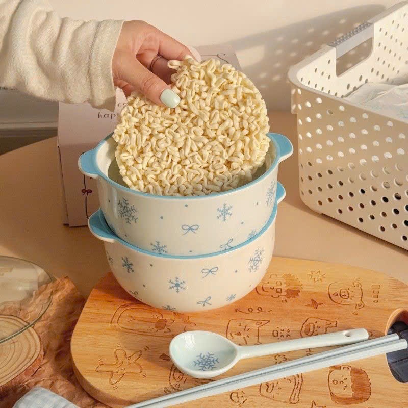 Nồi sứ kèm nắp thìa hoạ tiết bông tuyết xanh xinh xinh (không nấu được trên bếp)