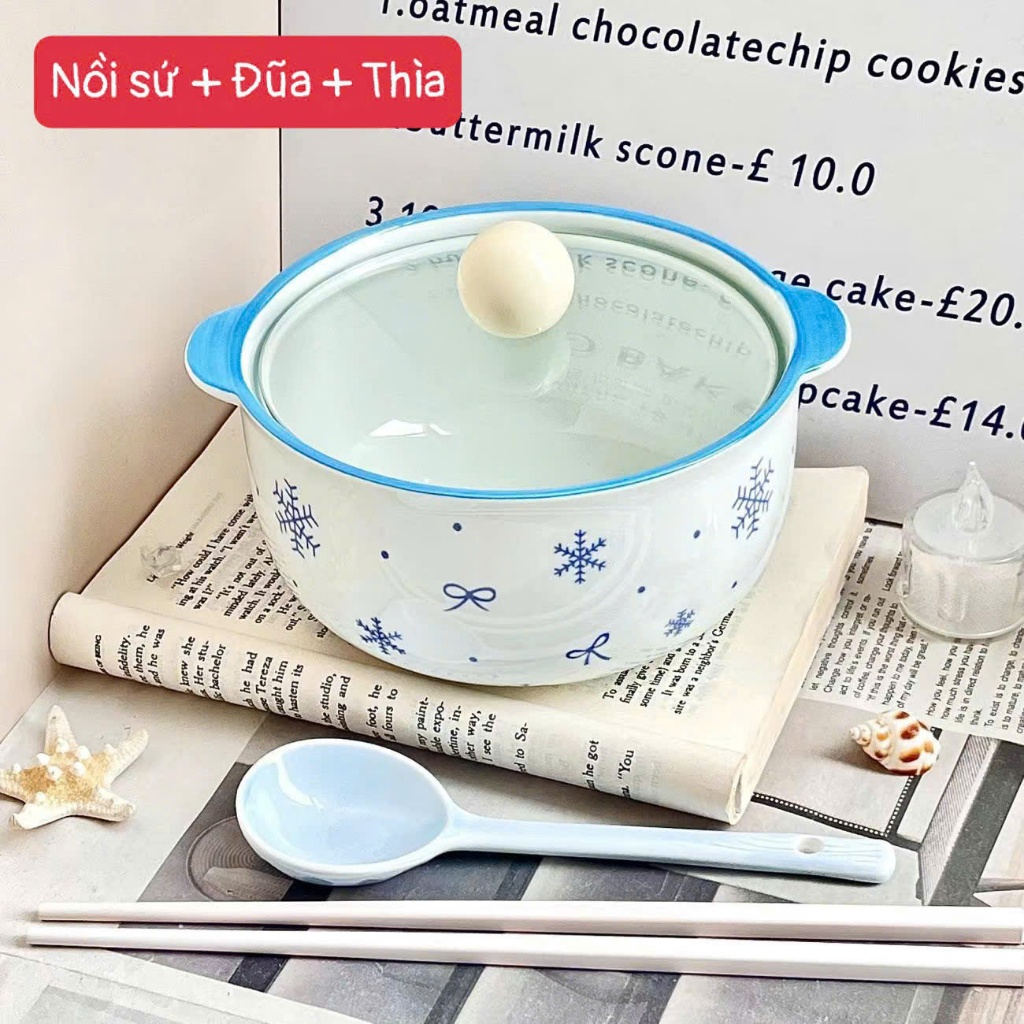 Nồi sứ kèm nắp thìa hoạ tiết bông tuyết xanh xinh xinh (không nấu được trên bếp)