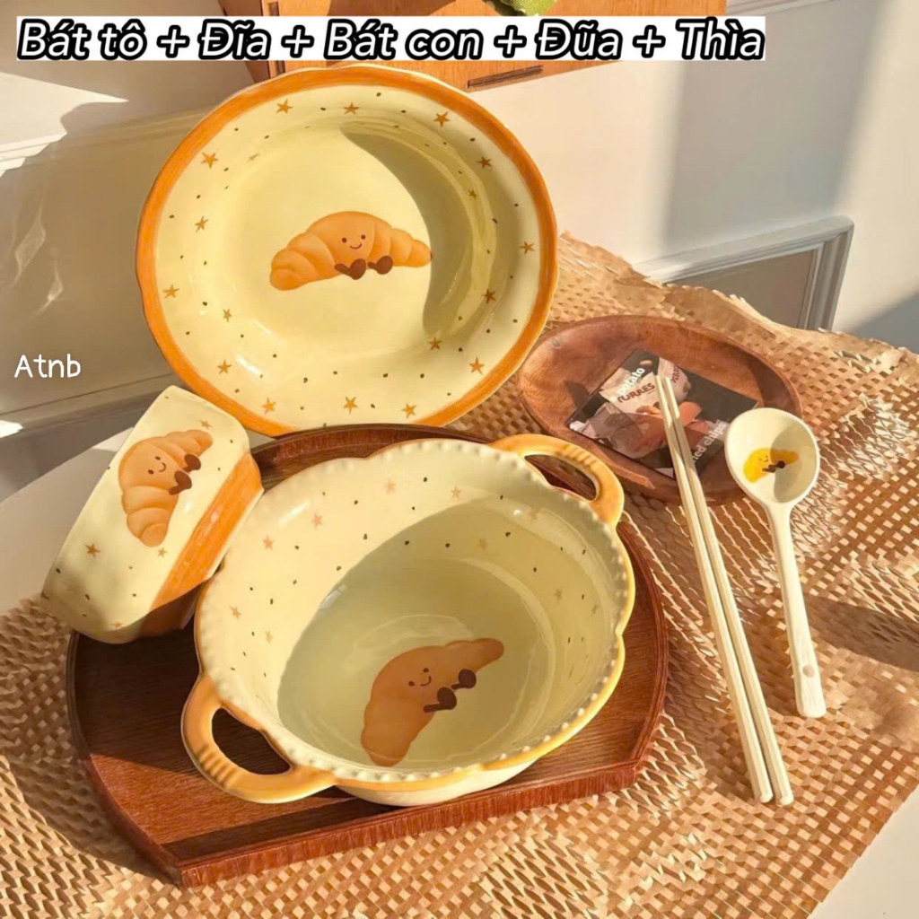Sét bát tô kèm đĩa bát con thìa đũa 5 món họa tiết hoa quả - bánh ngọt