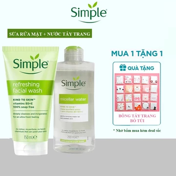 Combo Sữa rửa mặt Simple + nước tẩy trang sạch thoáng lành tính cho da nhạy cảm xanh lá