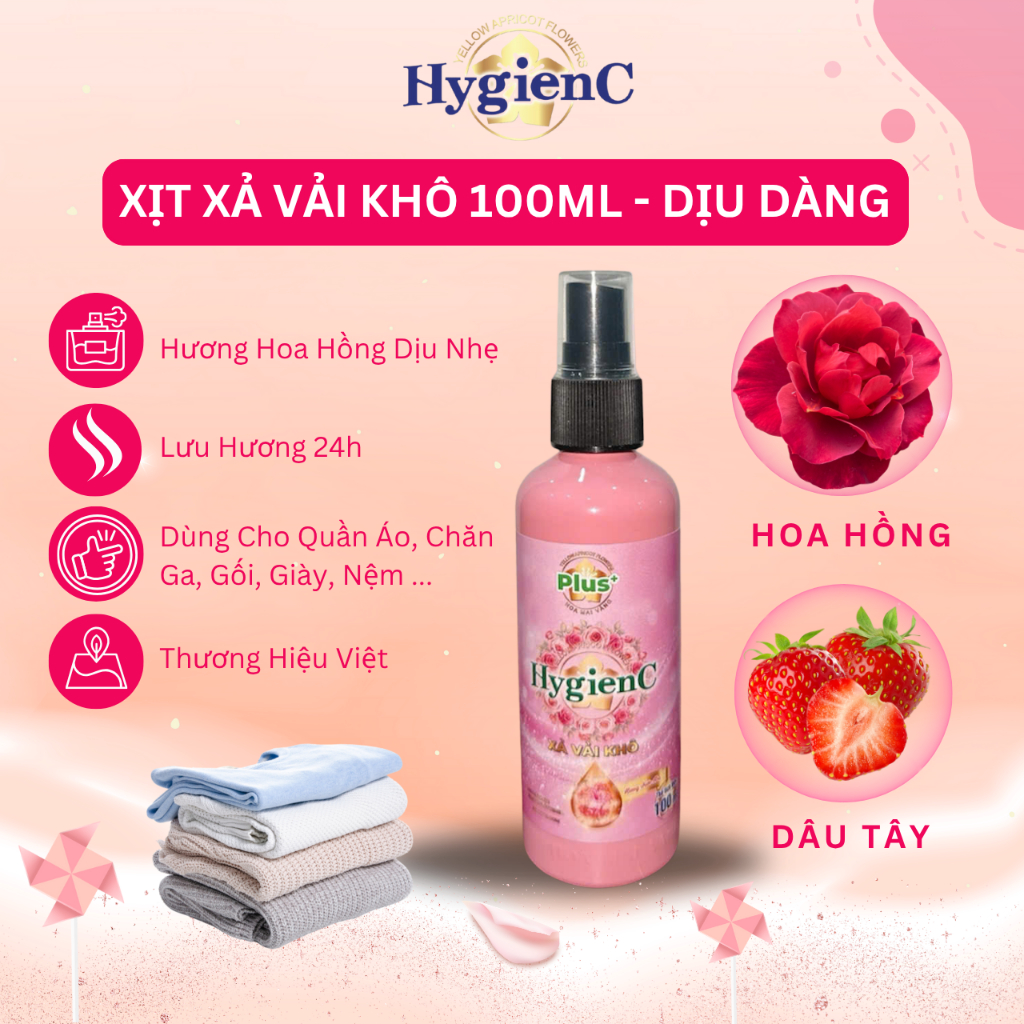 Combo 2 Chai Xịt Thơm Vải HygienC Plus 100 ML/Chai (1 Hương Hoa Hồng + 1 Hương Hoa Mẫu Đơn)