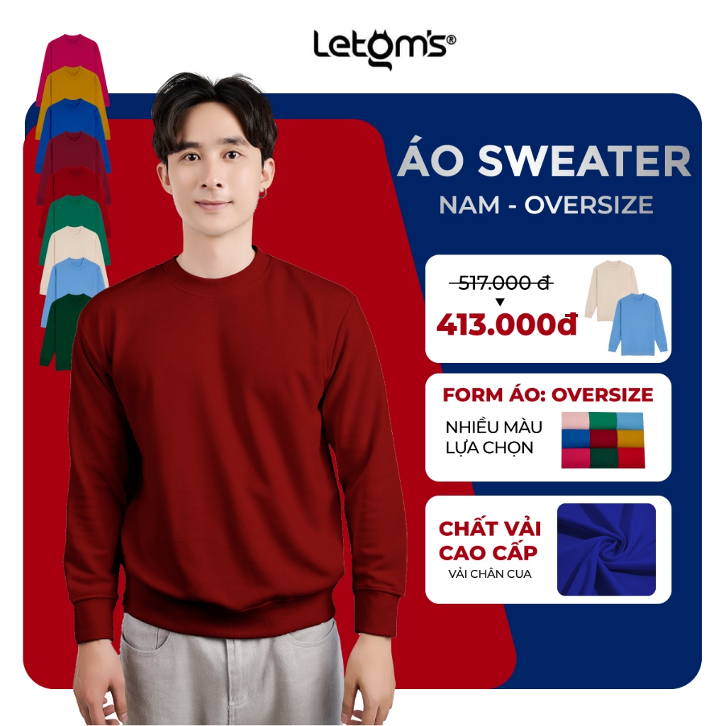 Áo Sweater Nam Nỉ Chân Cua LeTom's, Form Oversize, Ấm Áp, Co Giãn, Nhiều Màu, Không Bai Nhão