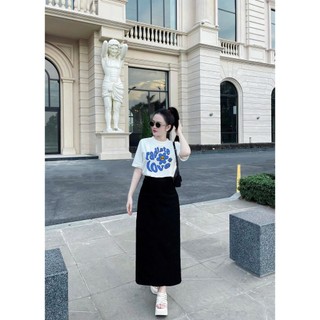 Bộ Áo Phông Nữ Chepol Cao Cấp, Form Rộng, In Chữ, Cổ Tròn, Phối Chân Váy, Chất Cotton (Áo Thun Trắng + CV Suông)CP_11215
