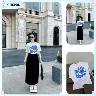Bộ Áo Phông Nữ Chepol Cao Cấp, Form Rộng, In Chữ, Cổ Tròn, Phối Chân Váy, Chất Cotton (Áo Thun Trắng + CV Suông)CP_11215