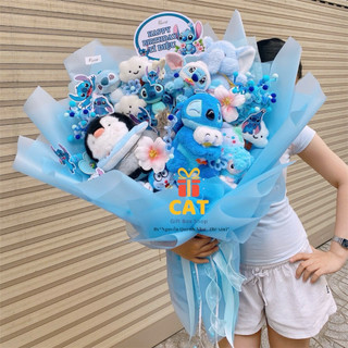 Bó hoa gấu bông tone xanh , gấu bông stitch , chim cánh cụt , quà tặng sinh nhật , bó gấu xinh xắn màu xanh