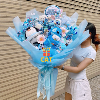 Bó hoa gấu bông tone xanh , gấu bông stitch , chim cánh cụt , quà tặng sinh nhật , bó gấu xinh xắn màu xanh