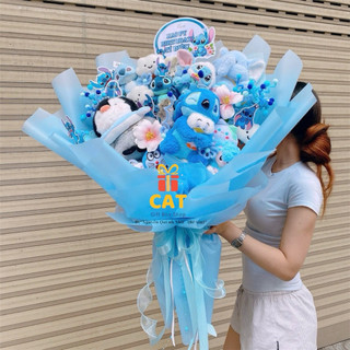 Bó hoa gấu bông tone xanh , gấu bông stitch , chim cánh cụt , quà tặng sinh nhật , bó gấu xinh xắn màu xanh