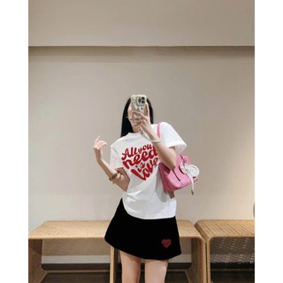 Bộ Áo Phông Nữ Chepol, Form Rộng, In Chữ, Cổ Trái Tim, Phối Chân Váy, Chất Cotton (Áo Thun Trắng+Chân Váy Trắng)CP_11799