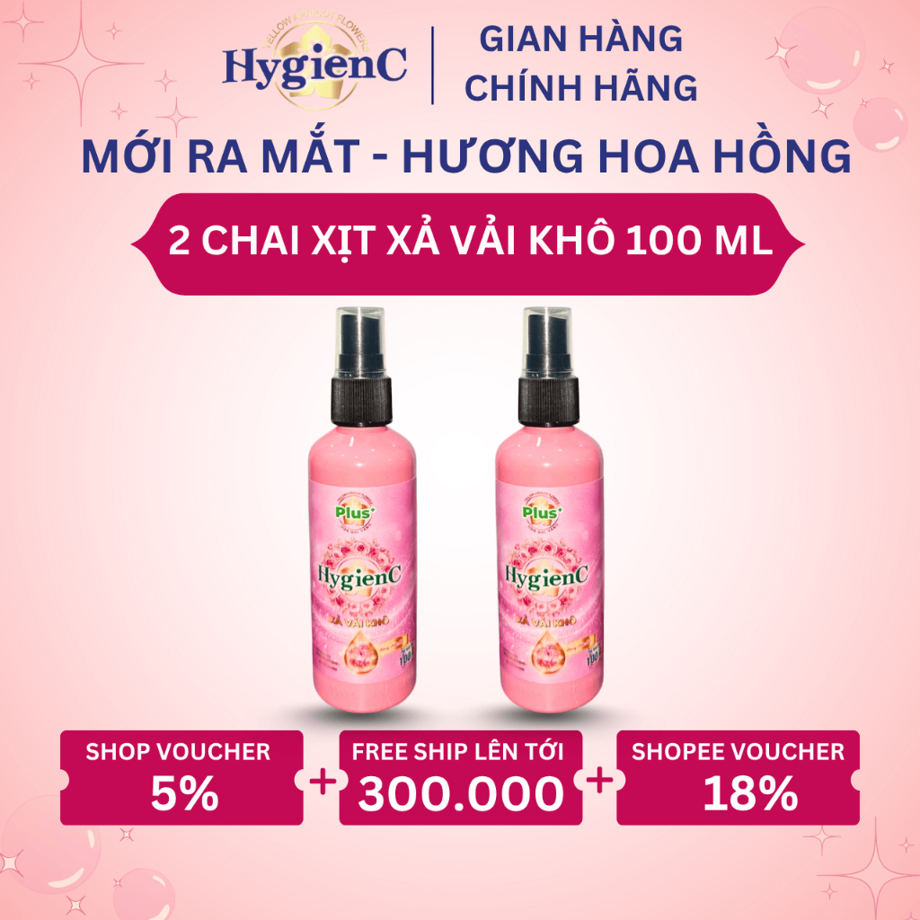 [MỚI RA MẮT] Combo 2 Chai Xịt Xả Vải Khô HygienC Plus 100ml/Chai - Hương Hoa Hồng (Dịu Dàng)