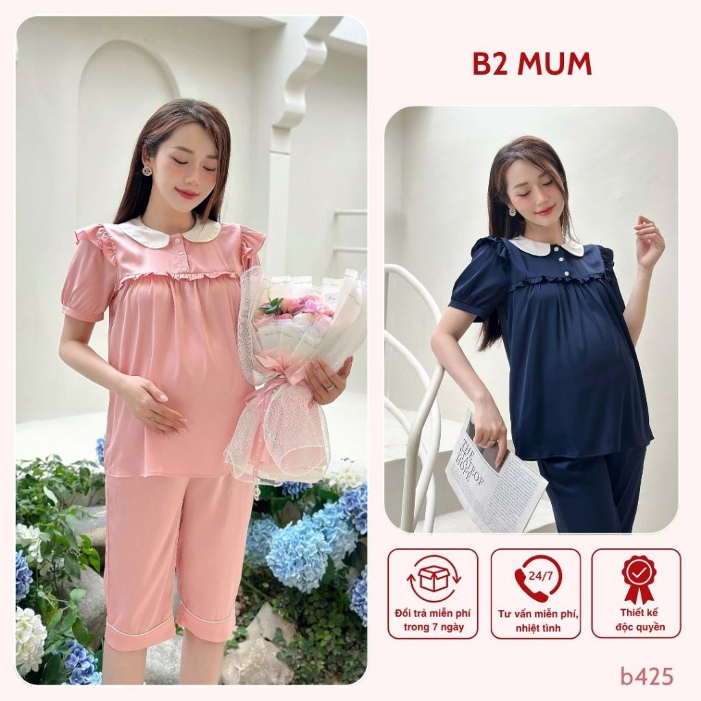 Bộ bầu thiết kế cổ sen, chất lụa thoải mái, mix cổ trắng, có khóa ti tiện lợi cho mẹ bầu và sau sinh - B425 B2MUM