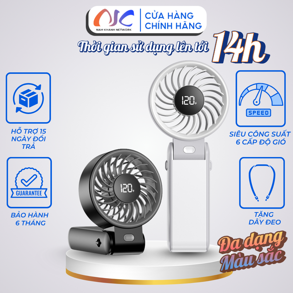 Quạt cầm tay tích điện mini 6 mức gió 120 cấp độ 3600mAh - Sử dụng lên đến 14h - Chính hãng - BH 6 tháng