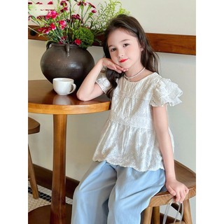[B&G] Sét bộ áo thêu trắng cánh tiên kèm quần dài jean mềm cho bé gái từ 10-45kg(2-12 tuổi)