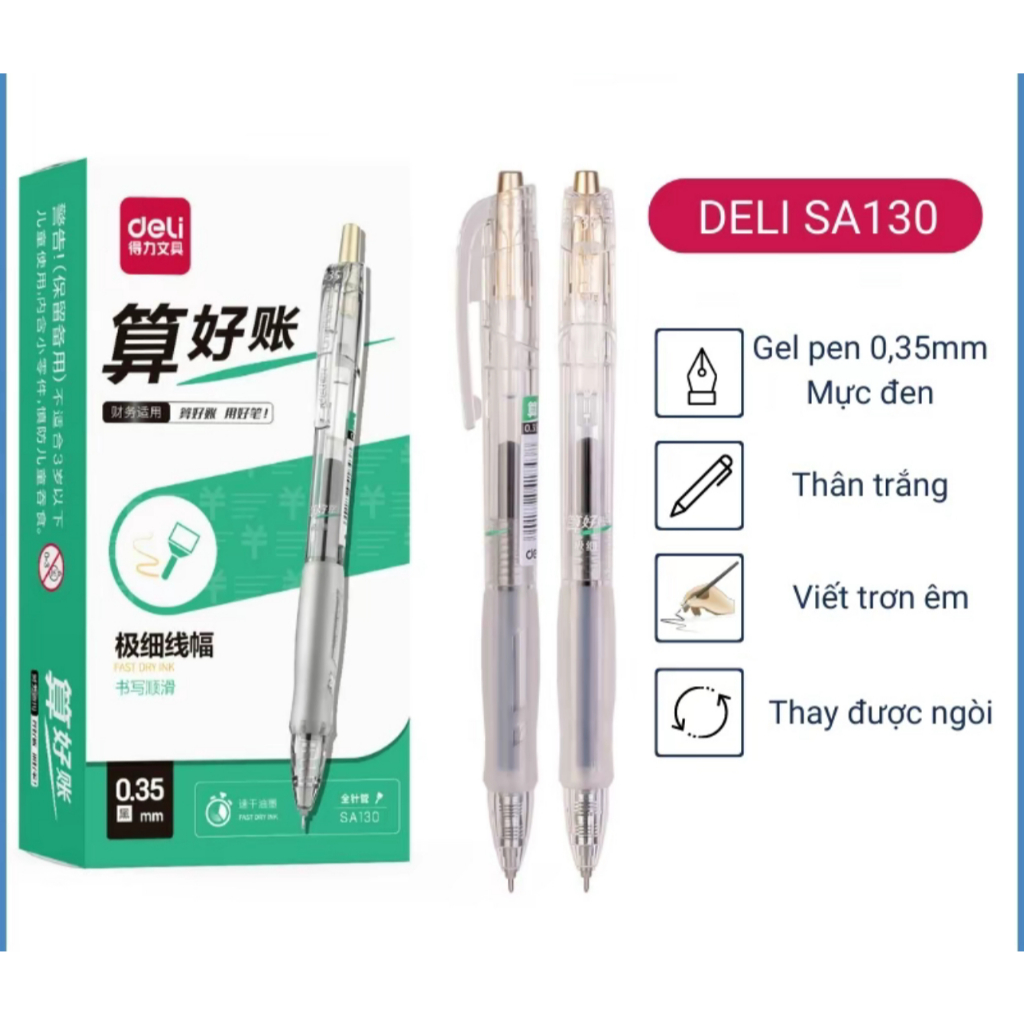 Bút Gel Bấm Deli 0.35mm – Mực Đen, Ngòi Nhỏ, Ruột Thay Thế Tiện Lợi – Văn Phòng & Học Sinh