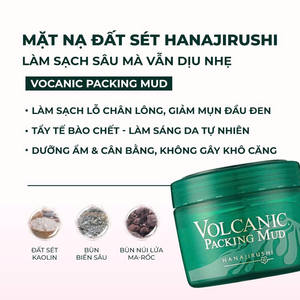 Mặt Nạ Đất Sét tro núi lửa se khít lỗ chân lông giảm mụn đầu đen HANAJIRUSHI VOLCANIC PACKINGMUD195g