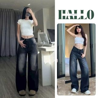 HALLO JEANS - Quần jean ống rộng nữ wash bụi xám đen lưng cao, quần jean nữ ống suông M014