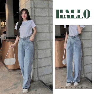 HALLO JEANS - Quần jean suông nữ xanh nhạt ống rộng 24cm, quần bò cạp cao thời trang ulzzang M010