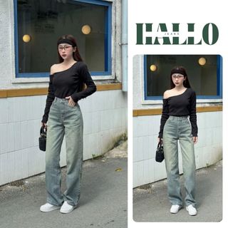 HALLO JEANS - Quần jean wash ống rộng, quần bò suông cạp cao màu Retro, phong cách basic M013