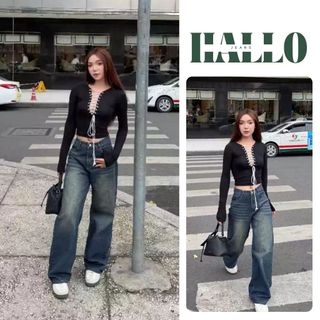 HALLO JEANS -  Quần jeans nữ ống suông xanh đậm phủ dơ cạp cao ulzzang hack dáng M005