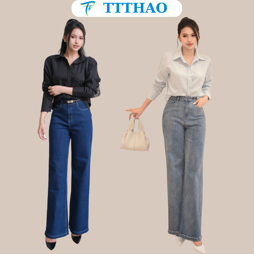 Quần jeans nữ ống suông TTTHAO cao cấp kiểu dáng quần jeans nữ ống rộng dài 103cm VNXK phong cách quần jeans nữ basic J7