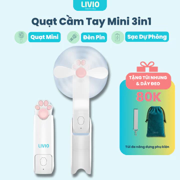 [Tặng túi] Quạt Mini 3in1 LIVIO Màu Trắng Quạt Cầm Tay + Đèn Pin + Sạc Dự Phòng1200mAh Gấp Gọn Pin Trâu 15h