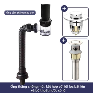 ống thoát bồn rửa bát: Nút Nhấn + Nắp Có Lỗ + Ống Cắm Thẳng Màu Đen，Khử mùi，Chống côn trùng，Không tắc nghẽn，Có sẵn