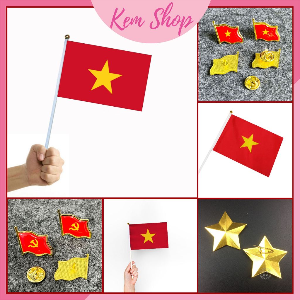 Set 5 cờ Việt Nam cầm tay, huy hiệu cờ Việt Nam - Kem Shop K111