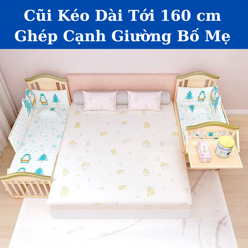 Cũi cho bé, Nôi cũi gỗ đa năng cỡ lớn 6in1 Honalife ghép cạnh giường ba mẹ tiện lớ, kt 120*65*102 cm