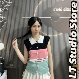 LT - Áo len nữ mongtoghi tay hến cổ bẻ pha nhiều màu phối màu cá tính hoạ tiết cún thêu free size 1150