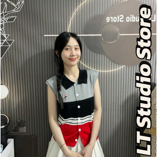 LT - Áo len nữ mongtoghi tay hến cổ bẻ pha nhiều màu phối màu cá tính hoạ tiết cún thêu free size 1150