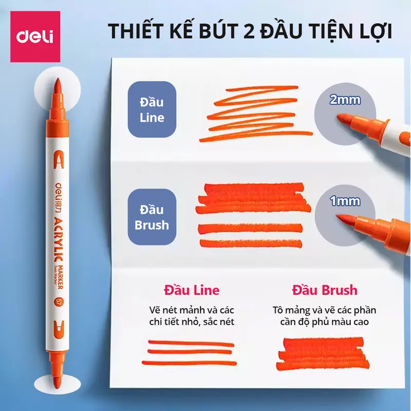 Bút Sơn Acrylic Marker 2 Đầu Cao Cấp Deli Kèm Hộp Nhựa Màu Vẽ 12/24/36/48 Cây Đậm Tô Màu Đi Nét DIY