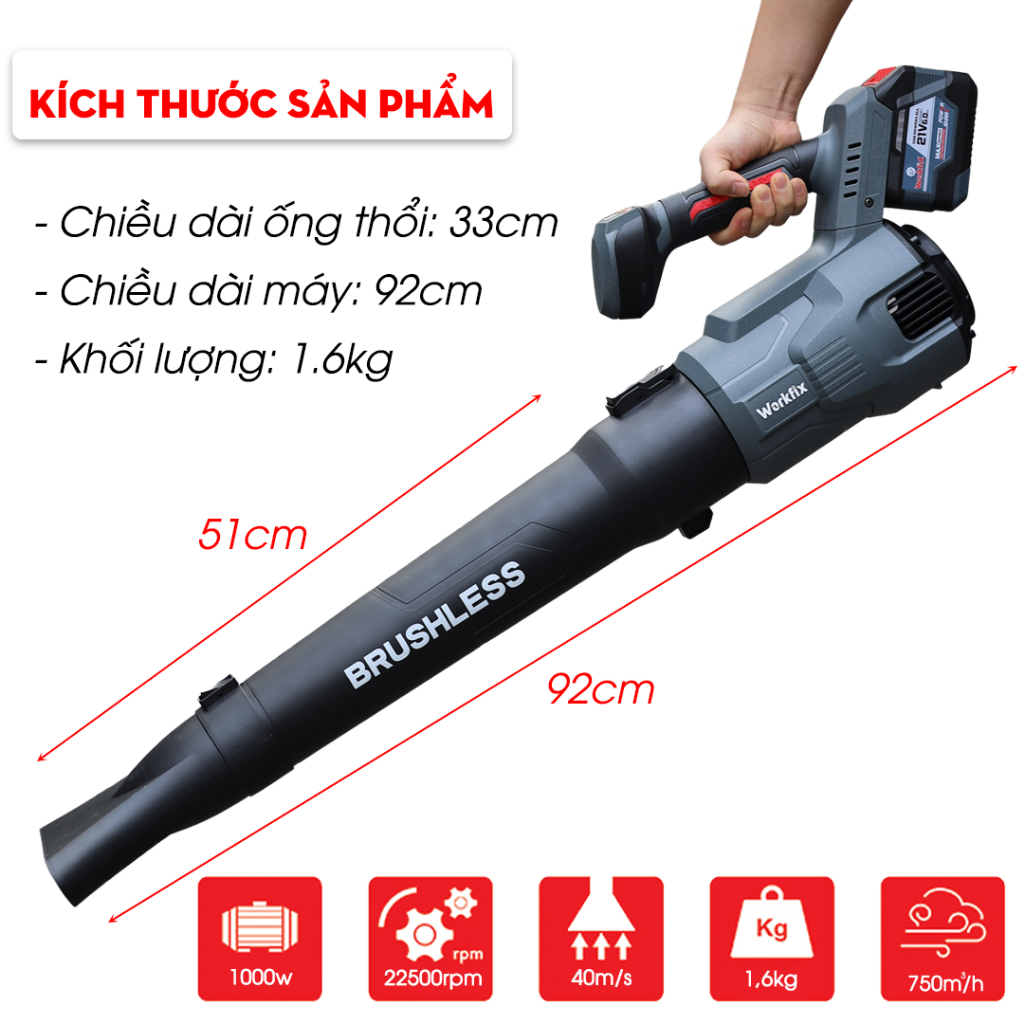 [1000W -FULL PHỤ KIỆN] Máy Thổi Lá Pin 15/20CELL Workfix WF-LB03BL, Chuyên Thổi Lá, Bụi, Rác,...