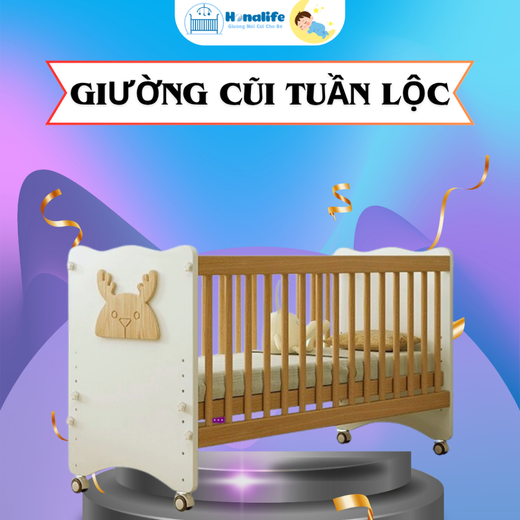 Cũi cho bé, cũi gỗ thông cao cấp đa năng Honalife, 6 mức điều chỉnh độ cao ghép chung giường bố mẹ