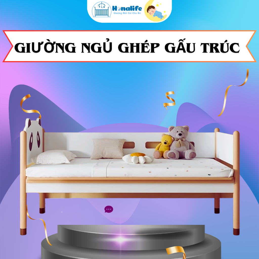 Giường ngủ cho bé,Giường gỗ cao cấp họa tiết Gấu trúc, sơn trắng chống ẩm mốc , an toàn cho bé