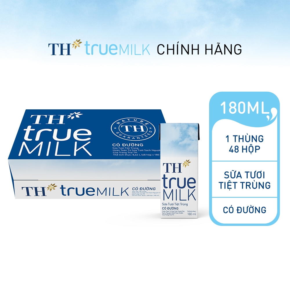[LIVE STREAM] Thùng 48 hộp sữa tươi tiệt trùng TH true MILK có đường 180 ml (180 ml x 48)