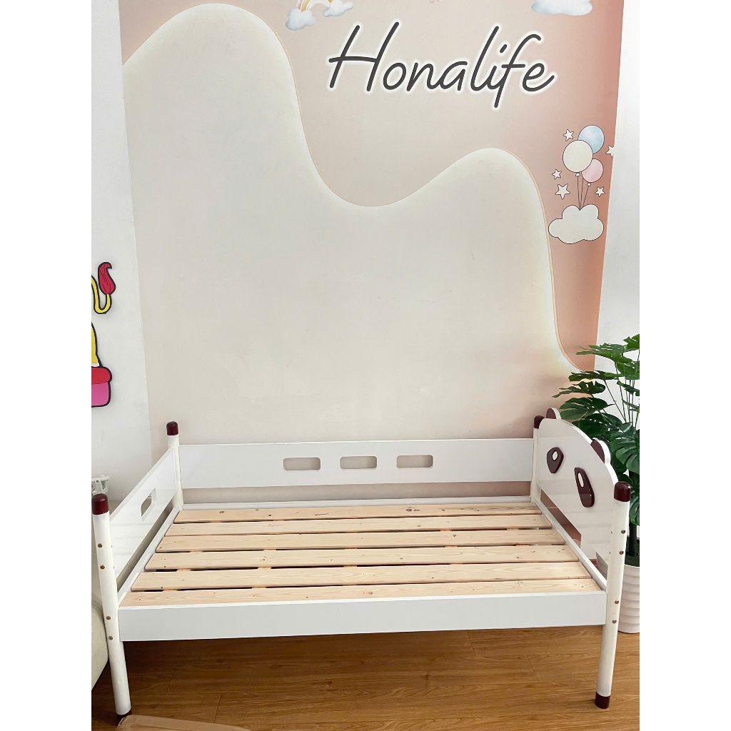 Giường ngủ cho bé,Giường gỗ cao cấp họa tiết Gấu trúc, sơn trắng chống ẩm mốc , an toàn cho bé
