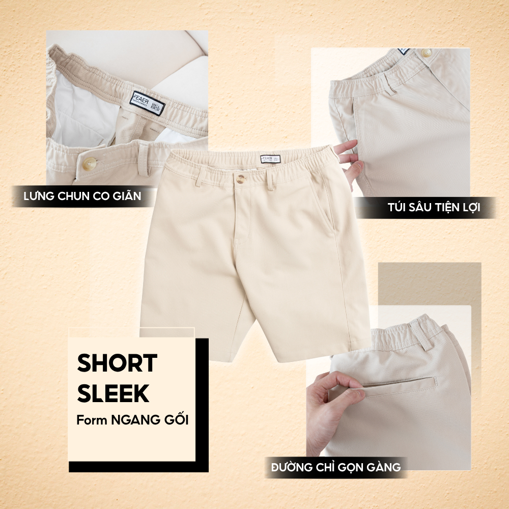 [NGANG GỐI] Quần short nam BASIC SLEEK form ngang gối, lưng thun khóa kéo, chất kaki cá sấu dày dặn, ít nhăn - FEAER