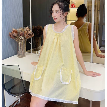M22 đầm babydoll cotton phối túi viền ren cực xinh, đầm babydoll mặc nhà xinh xắn