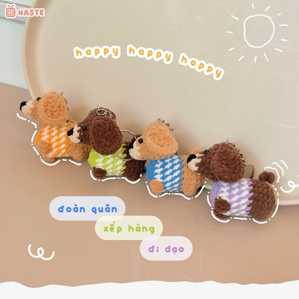 Móc Khoá Len Nhung Puppy Cún Chó Lạp Xưởng Xúc Xích Dachshund Nâu Handmade Dễ Thương
