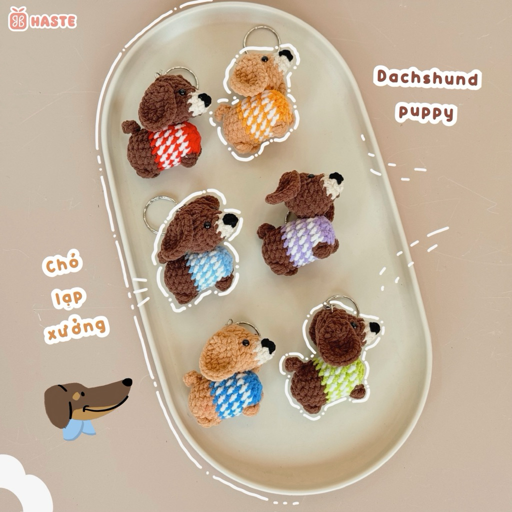 Móc Khoá Len Nhung Puppy Cún Chó Lạp Xưởng Xúc Xích Dachshund Nâu Handmade Dễ Thương