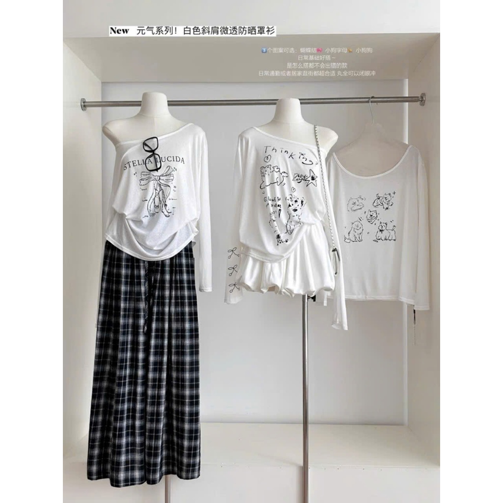 Áo thun dài tay Lệch vai phong cách hàn quốc JULY FASHION, Áo lệch vai in hình Chất thun xượt mềm mịn
