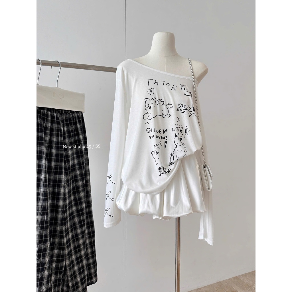 Áo thun dài tay Lệch vai phong cách hàn quốc JULY FASHION, Áo lệch vai in hình Chất thun xượt mềm mịn