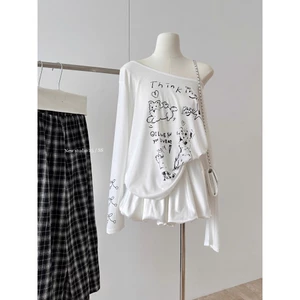 Áo thun dài tay Lệch vai phong cách hàn quốc JULY FASHION, Áo lệch vai in hình Chất thun xượt mềm mịn