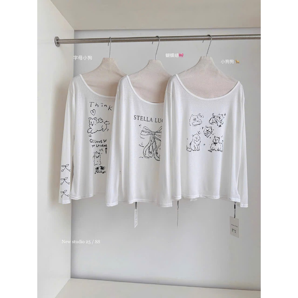 Áo thun dài tay Lệch vai phong cách hàn quốc JULY FASHION, Áo lệch vai in hình Chất thun xượt mềm mịn