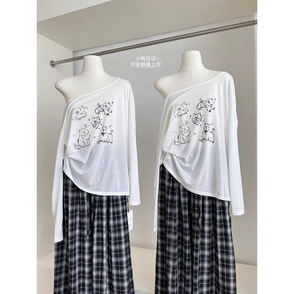 Áo thun dài tay Lệch vai phong cách hàn quốc JULY FASHION, Áo lệch vai in hình Chất thun xượt mềm mịn